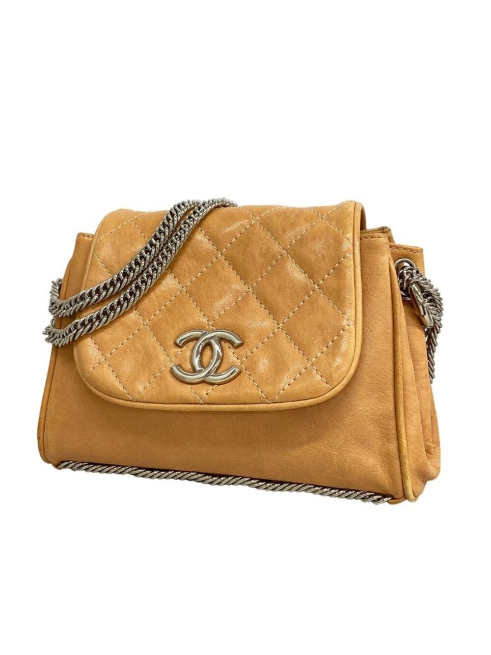 Chanel Shoulder Bag Quilted Lambskin Light Brown Silver
